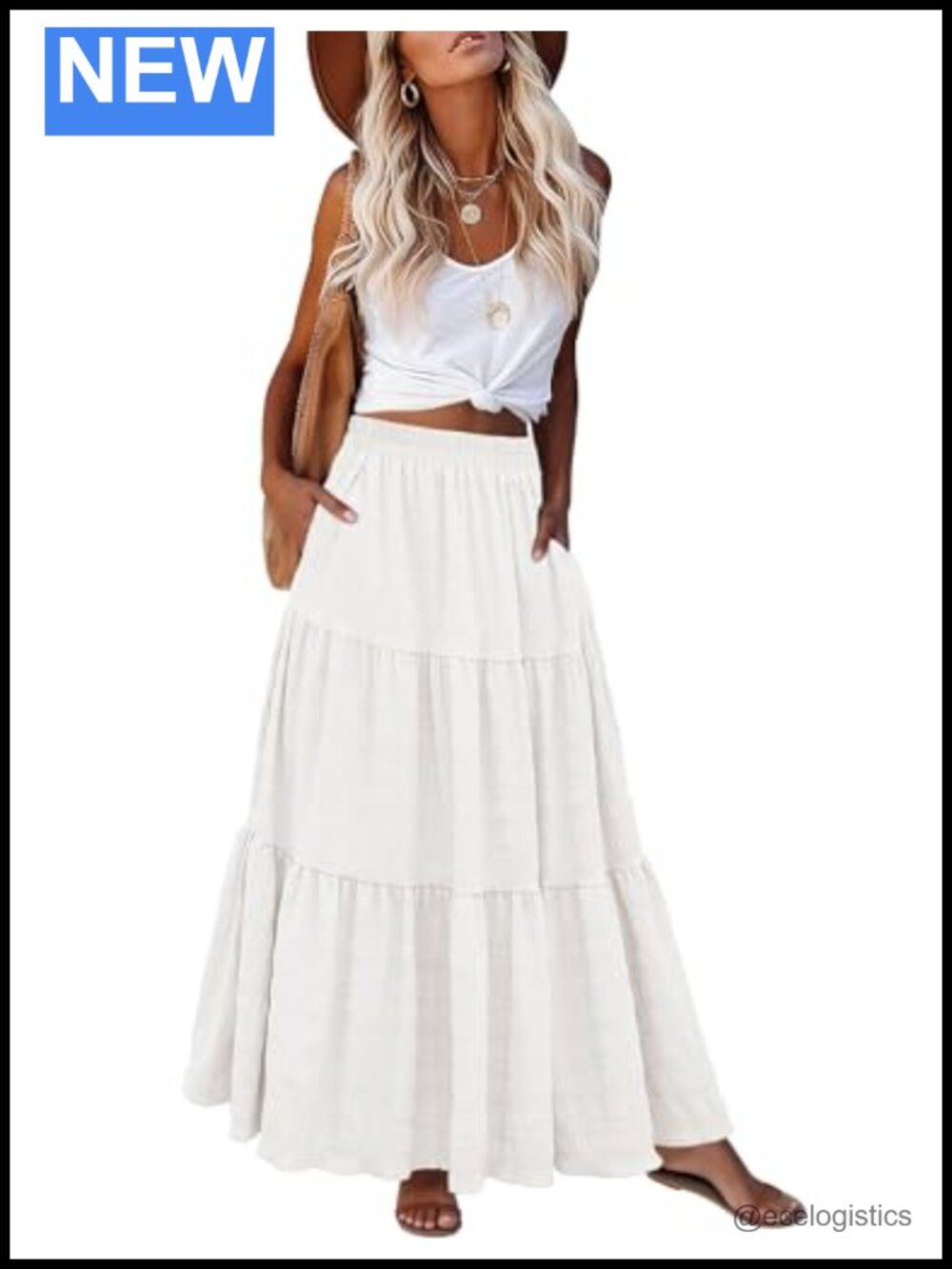 Women's Boho Flowy Maxi Skirt with Pockets Tiered Ruffle A-Line